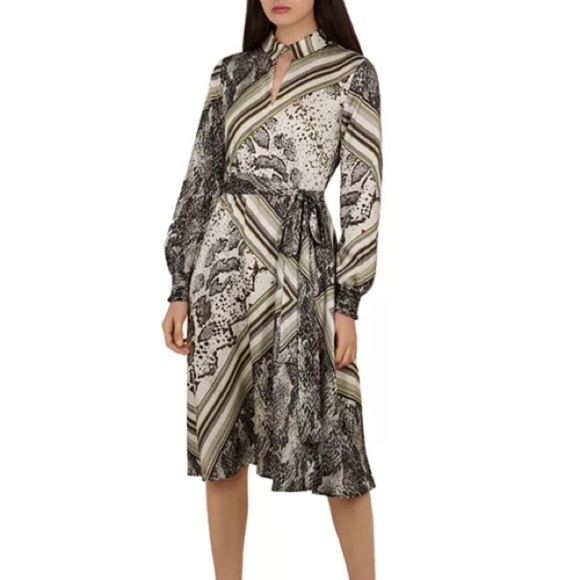 Ted Baker Sz 1 US 4 Llouise Shirred Waist Taupe Midi Dress Tie Belt Long Sleeve - Picture 1 of 5